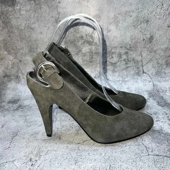R2-2-1. STEVE MADDEN WOMEN’S‎ GRAY LEATHER CONE SLING BACK HEELS US SIZE 6M - Picture 3 of 10